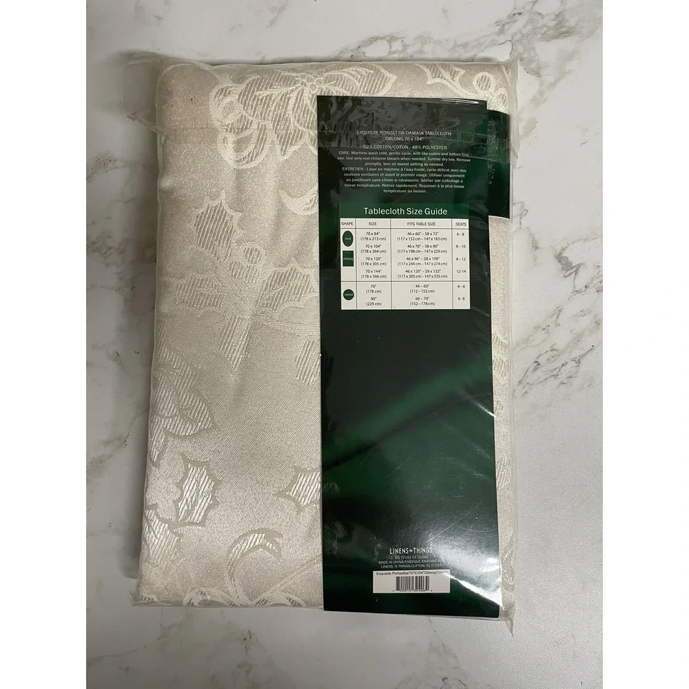 Holiday Things Cream Tablecloth Poinsettia Damask New in Package 70x104‎